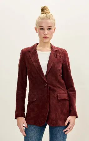 Lambskin Leather Suede Single Button Blazer - Burgundy