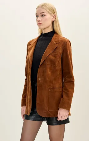 Lambskin Leather Suede Single Button Blazer - Cognac